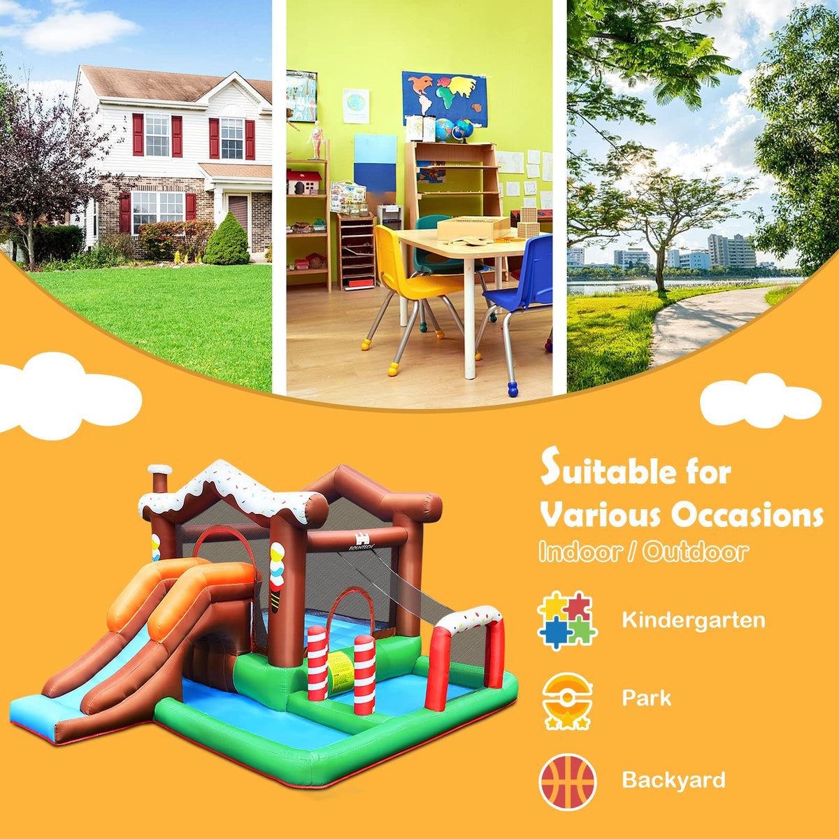 Inflatable Bounce House, Jumping Castle for Kids w/Large Jumping Play Area, Tunnel, Long Slide, Climbing Wall, Basketball Hoop(Without Blower)