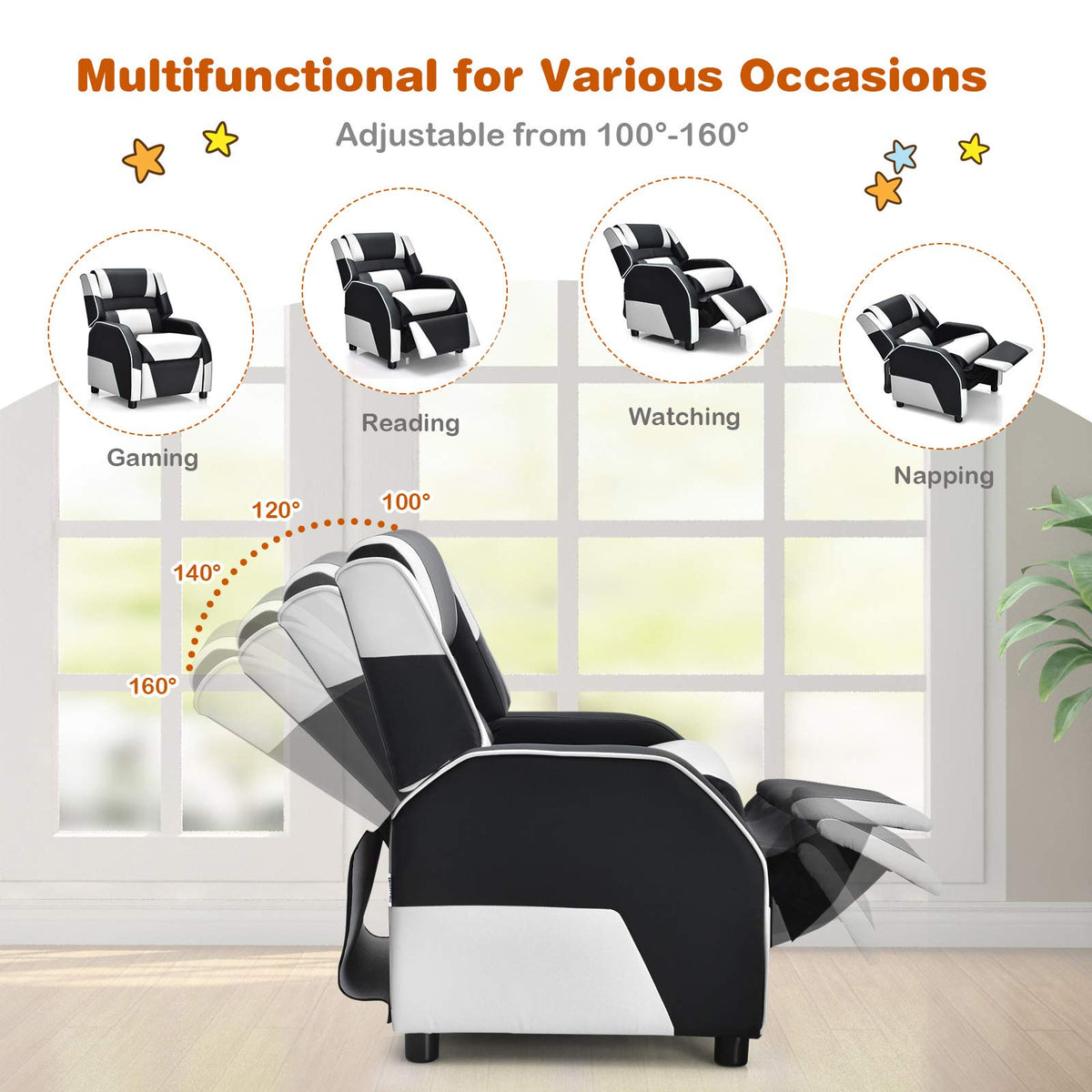 Kids Recliner Chair, Adjustable Recliner Sofa w/Footrest, Headrest & Lumbar Support, w/ Padded Seat, White & Black