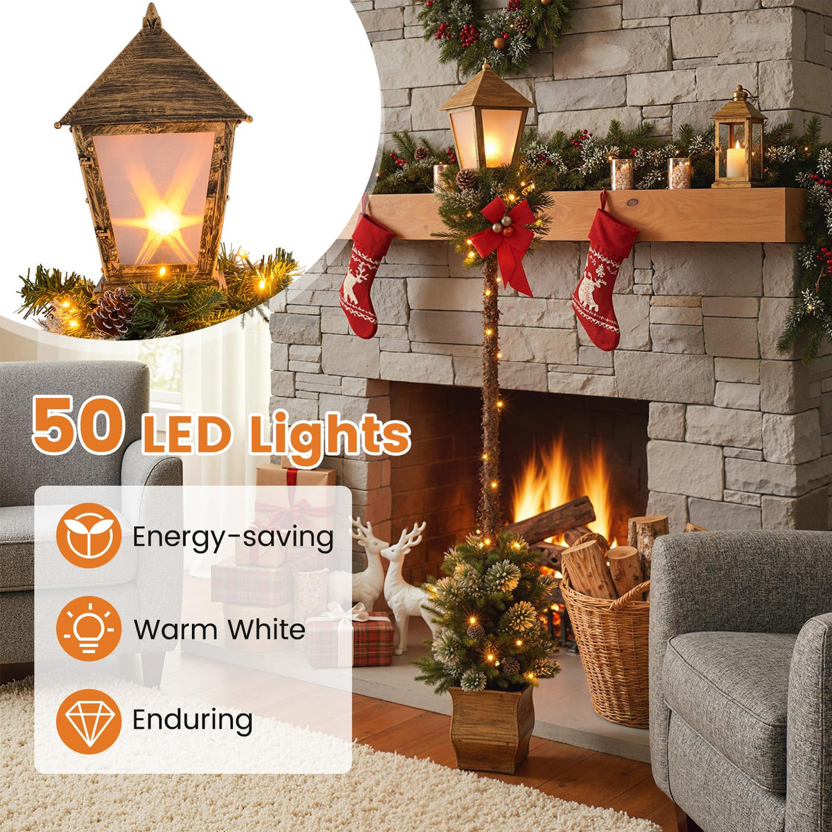 187cm Christmas Pre-lit Street Lamp Holiday Lamp Post with Artificial Greenery
