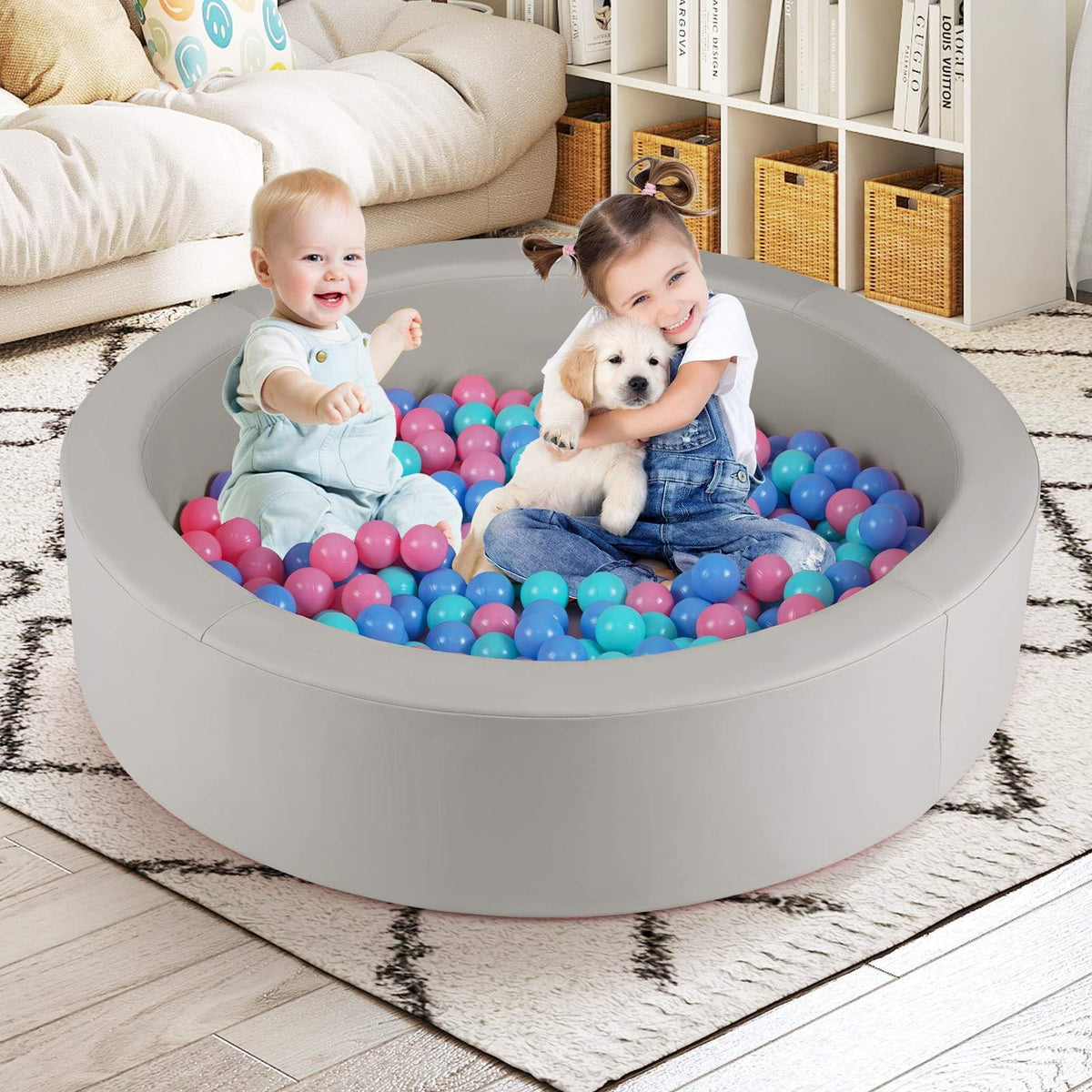 Round Foam Ball Pits with 200 Ocean Balls and Washable PU Cover