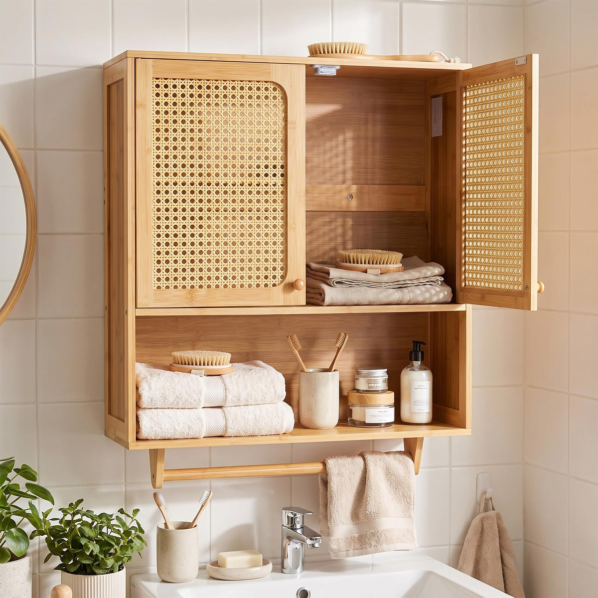 Bamboo Bathroom Wall Cabinet with Towel Rack and Rattan for Bathroom