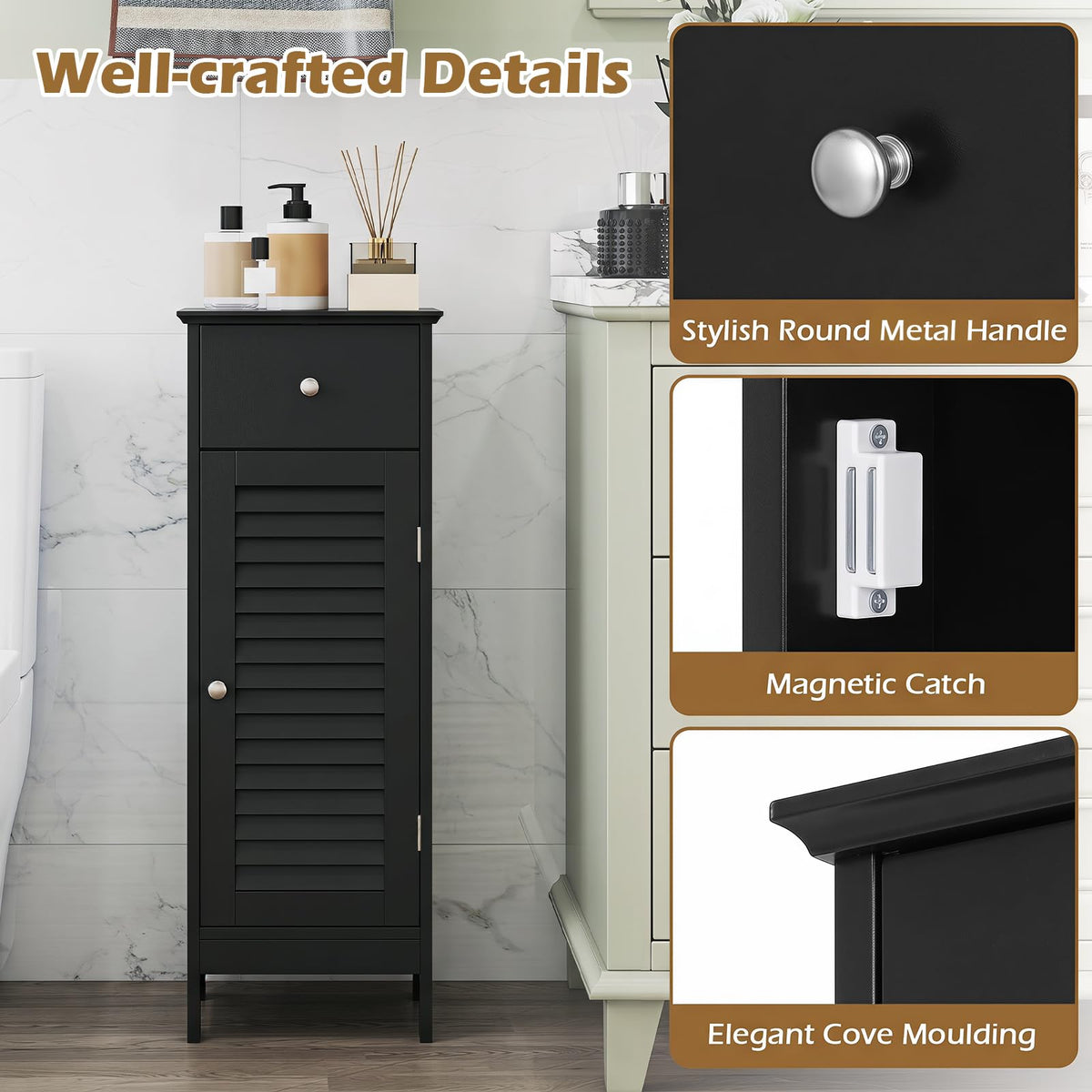 Small Bathroom Storage Cabinet with Adjustable Shelf and Drawer
