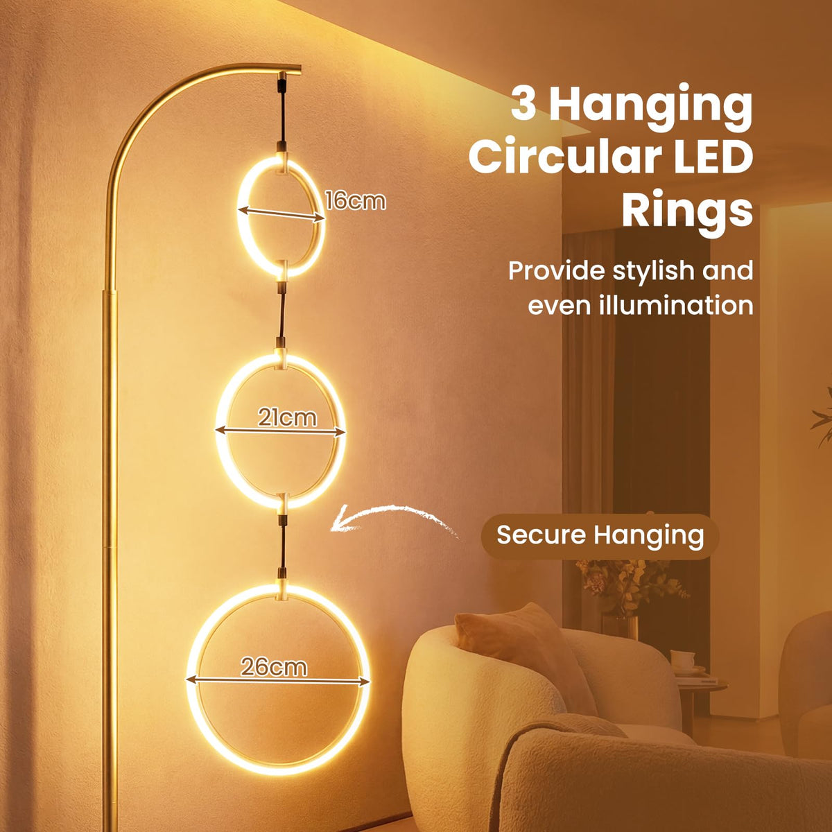 3-Circle Dimmable LED Floor Lamp with Foot Switch & 3 Color Temperatures for Room
