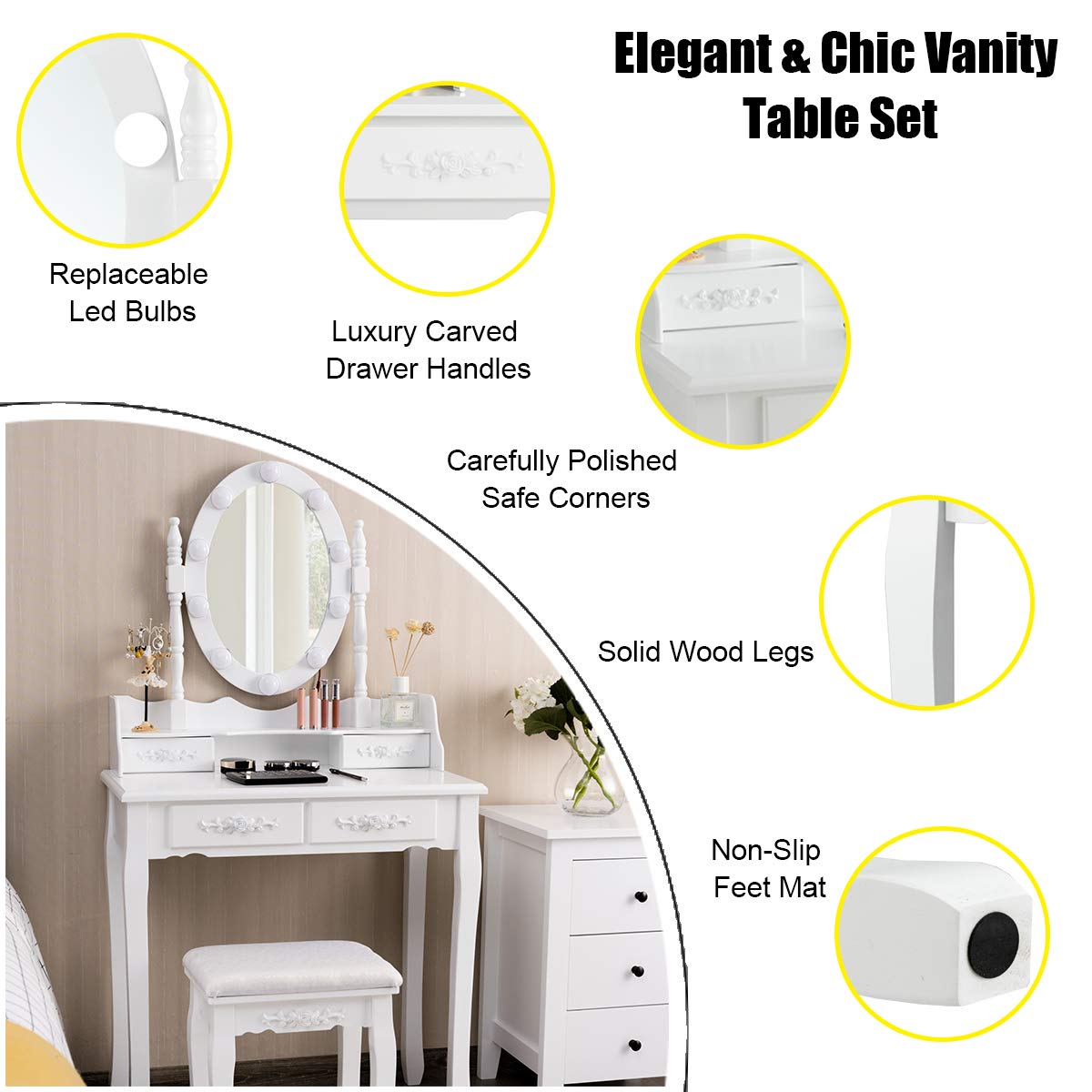 Dressing Table Stool Set, LED Vanity Makeup Table Desk