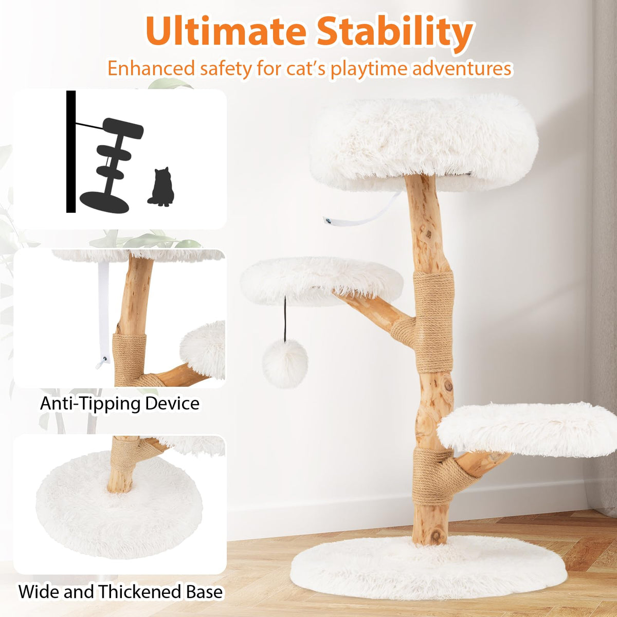 Modern Wood Branch Cat Tree with Jute Scratching Post and Padded Perch