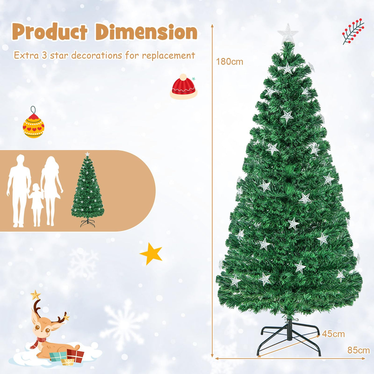 1.8M Pre-Lit Christmas Tree, Artificial Xmas Tree with 230 Branch Tips, 30 Warm White Star Lights