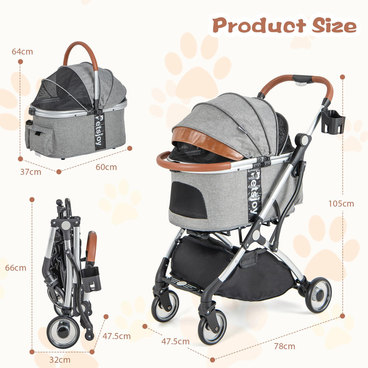 Foldable Dog Cat Stroller w/Removable Waterproof Cover