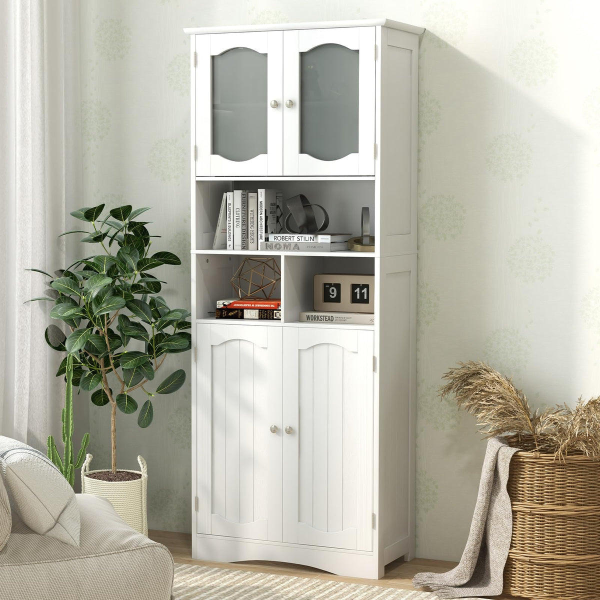 149cm Tall Bathroom Storage Cabinet with Frost Glass Doors and Shelves