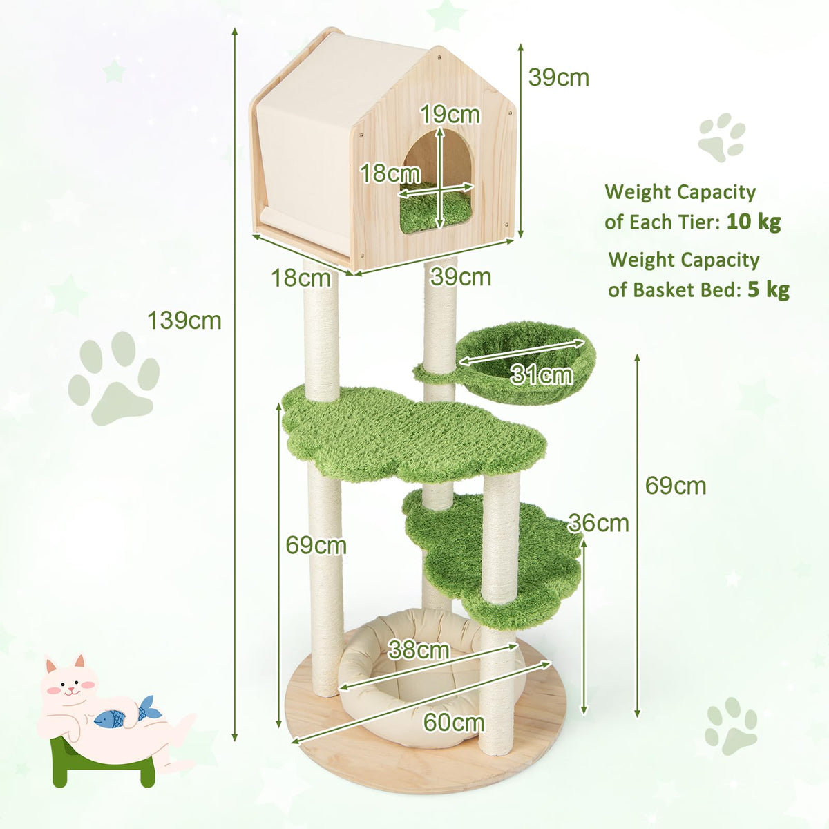 1.4M Cute Cat Tree for Indoor Cats, Multi-Level Wood Cat Tower w/Sisal Scratching Posts