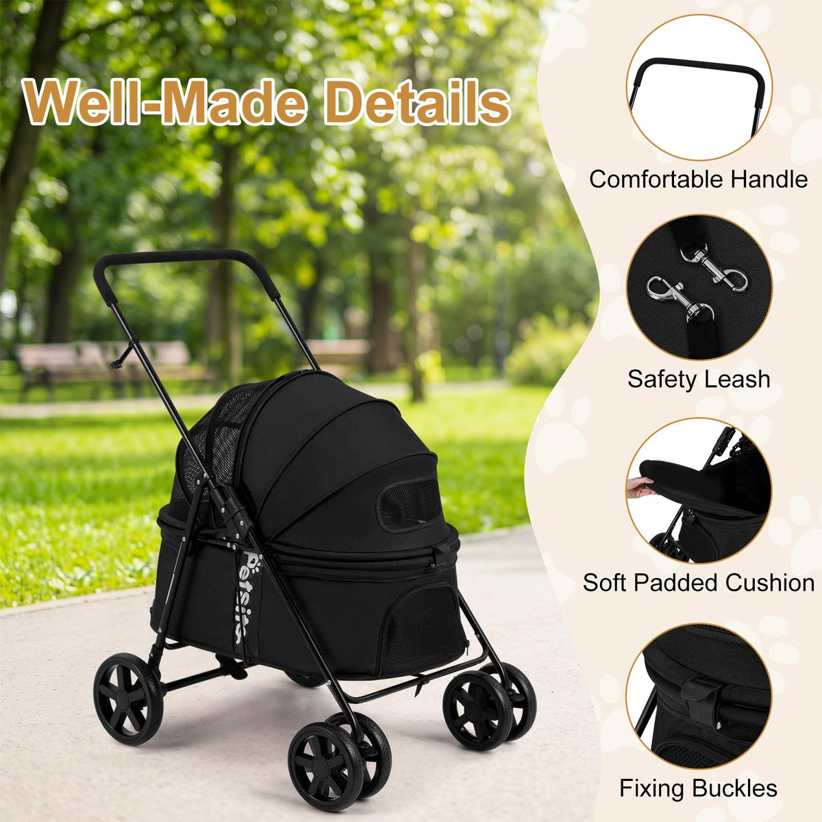 Pet Stroller for Dogs with 360 Swivel Wheels and One Step Brake