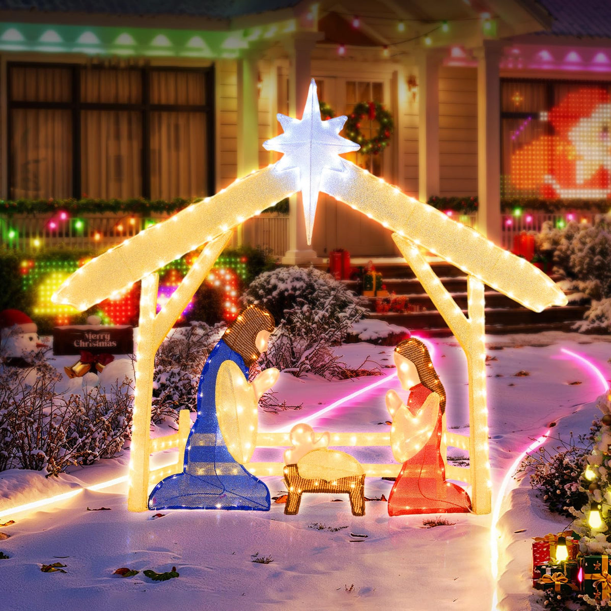 121cm Pre-lit Christmas Holy Family Set with 272 Warm Cold White LED Lights