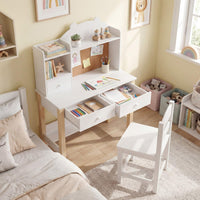 Kids Desk and Chair Set, Wooden Children Study Table with Storage Hutch