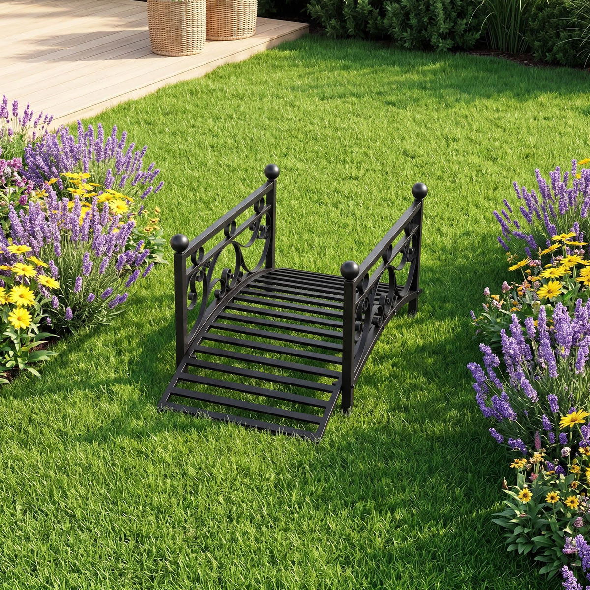 Garden Metal Bridge with Handrails, Outdoor Arched Bridge w/Dual Patterned Side Rails