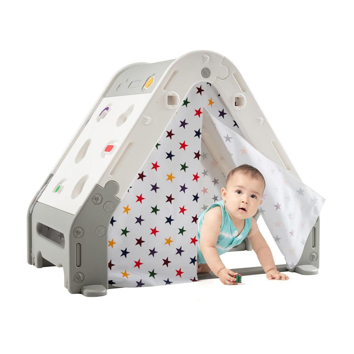 Kid's Triangle Climber with Tent Cover & White Board & Basketball Hoop & Soccer Gate