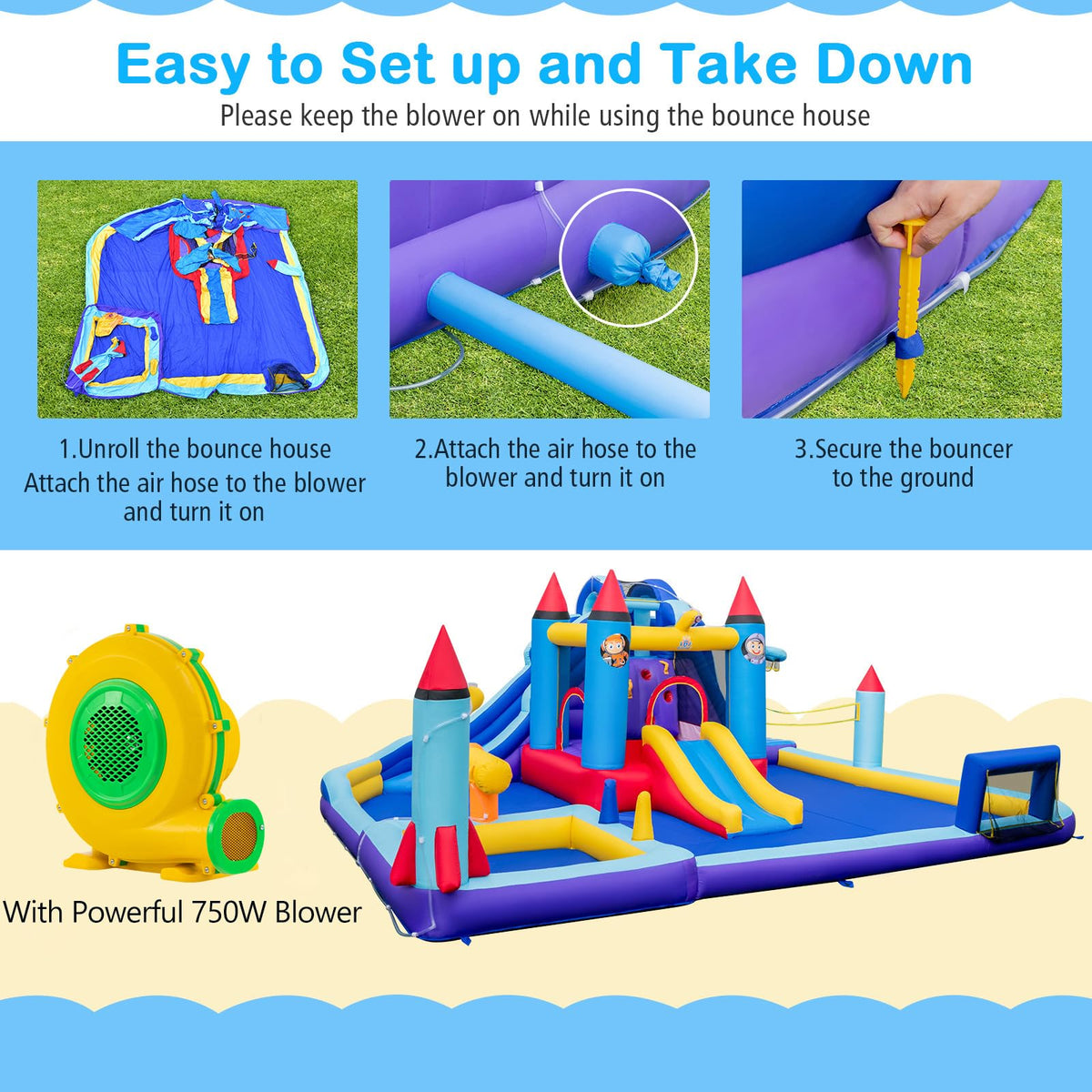 Kids Inflatable Jumping Castle w/2 Slides, Splash Pool, Jumping Area