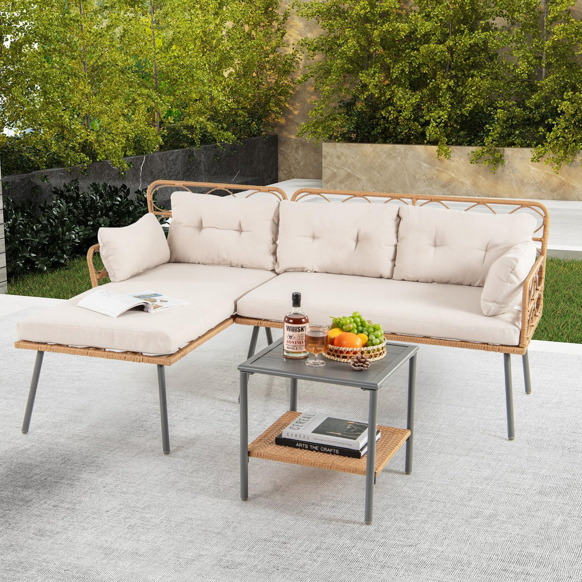 3 Pieces Corner Patio Furniture with Small Coffee Table for Garden Backyard
