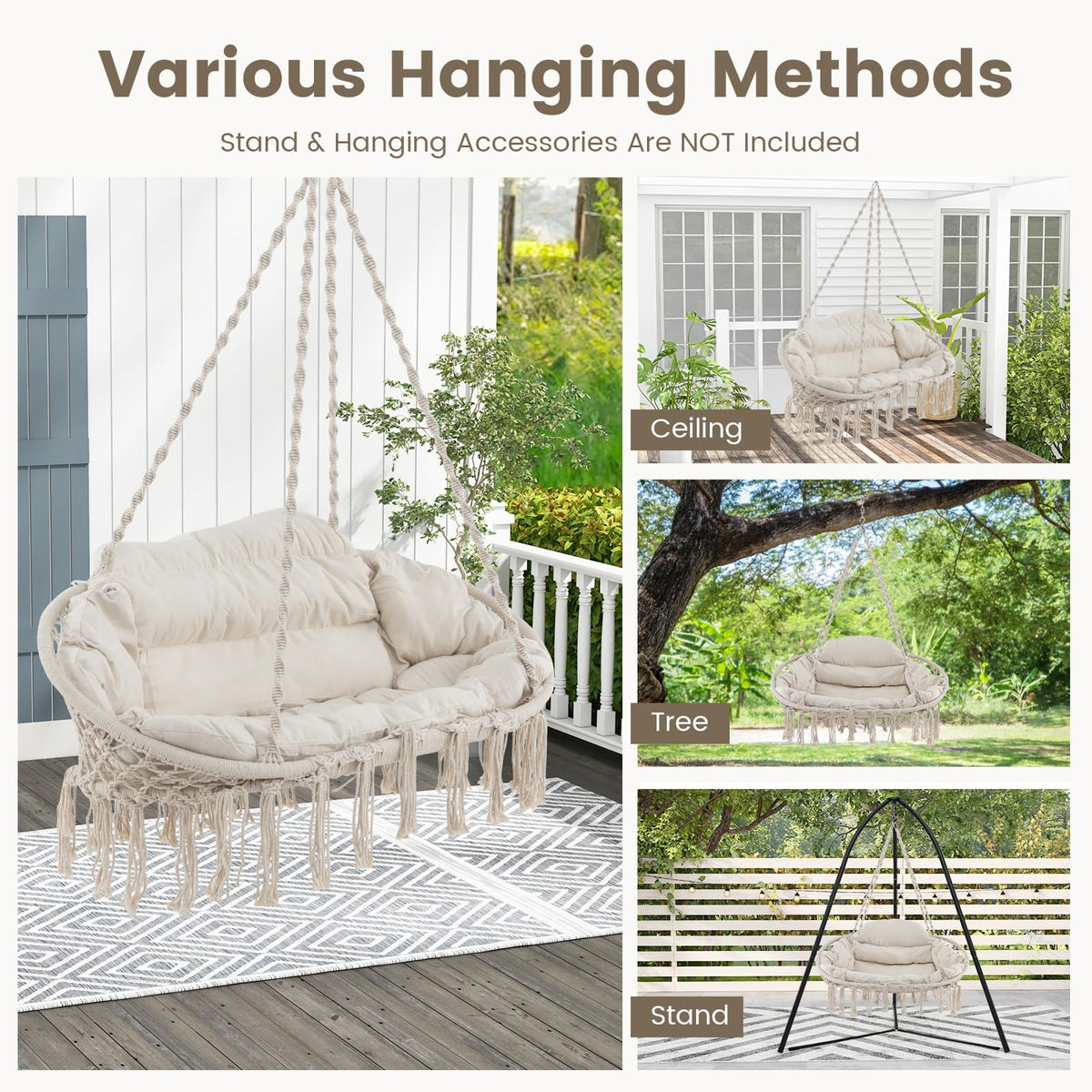 Hand-Woven Rope Hanging Swing Chair with Thick Cushion and Folding Metal Frame