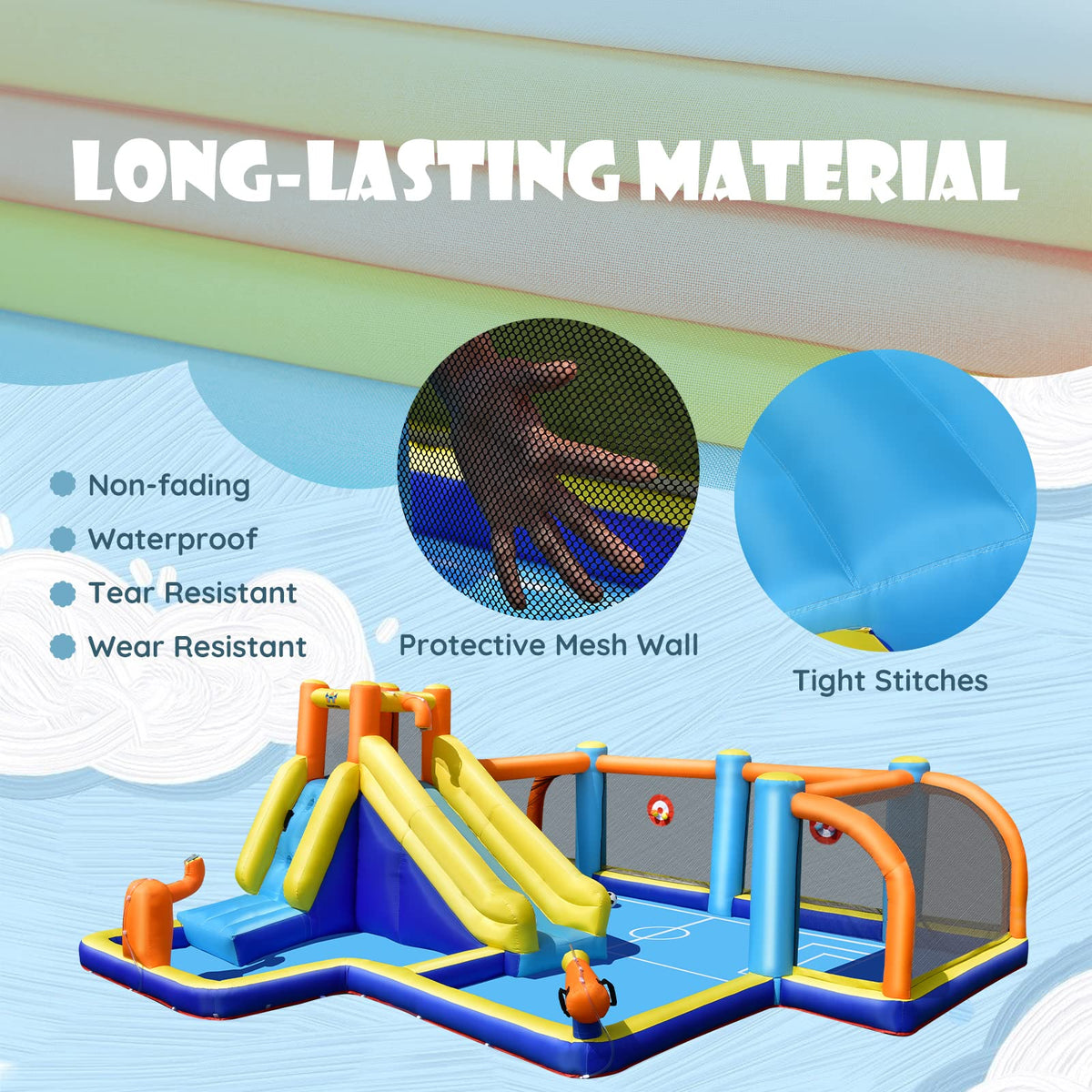 Inflatable Water Slide, 7-in-1 Long Slide Giant Water Park Wet Dry Combo with Water Soccer Splash Pool (with 680W Blower)