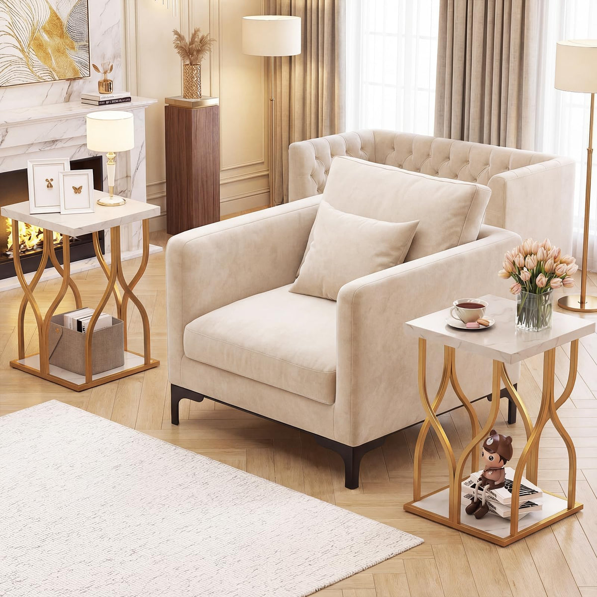 Faux Marble Bedside NightStand with Storage Shelf and Petal-Inspired Metal Frame