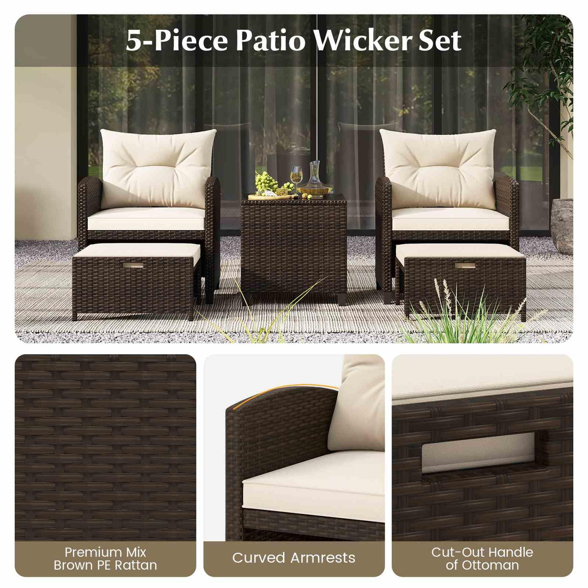 Outdoor 5 Piece Patio Rattan Furniture Setting for Poolside Backyard Lawn & Deck