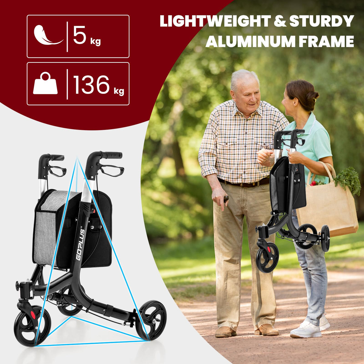 3-Wheel Rolling Walker Folding Rollator Walker