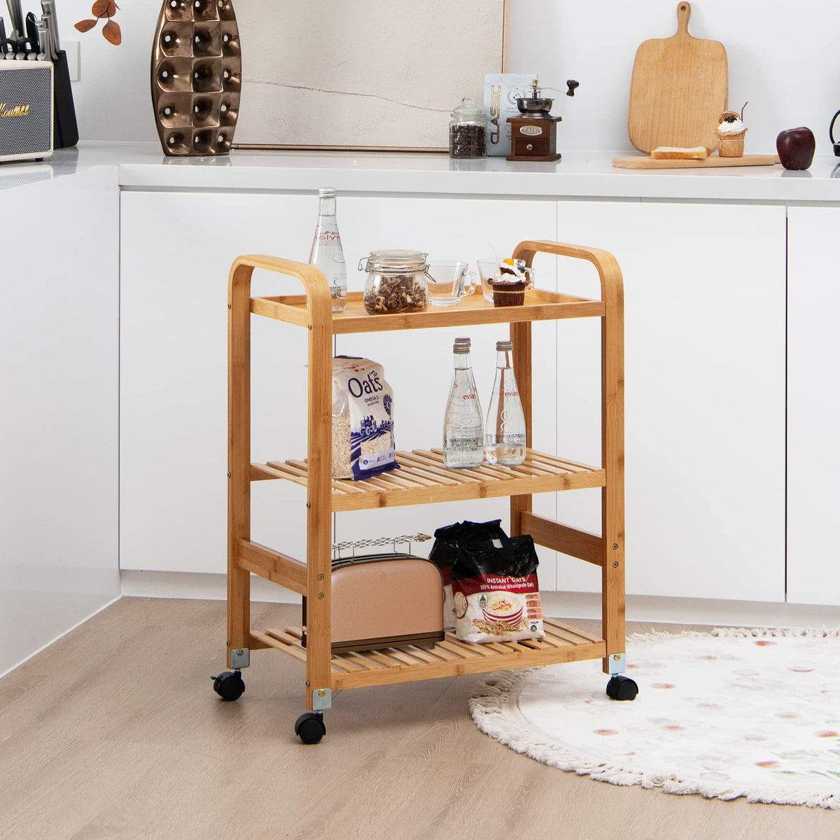 Giantex 3-Tier Bamboo Rolling Storage Cart, Kitchen Serving Storage Trolley Organizer with Locking Casters