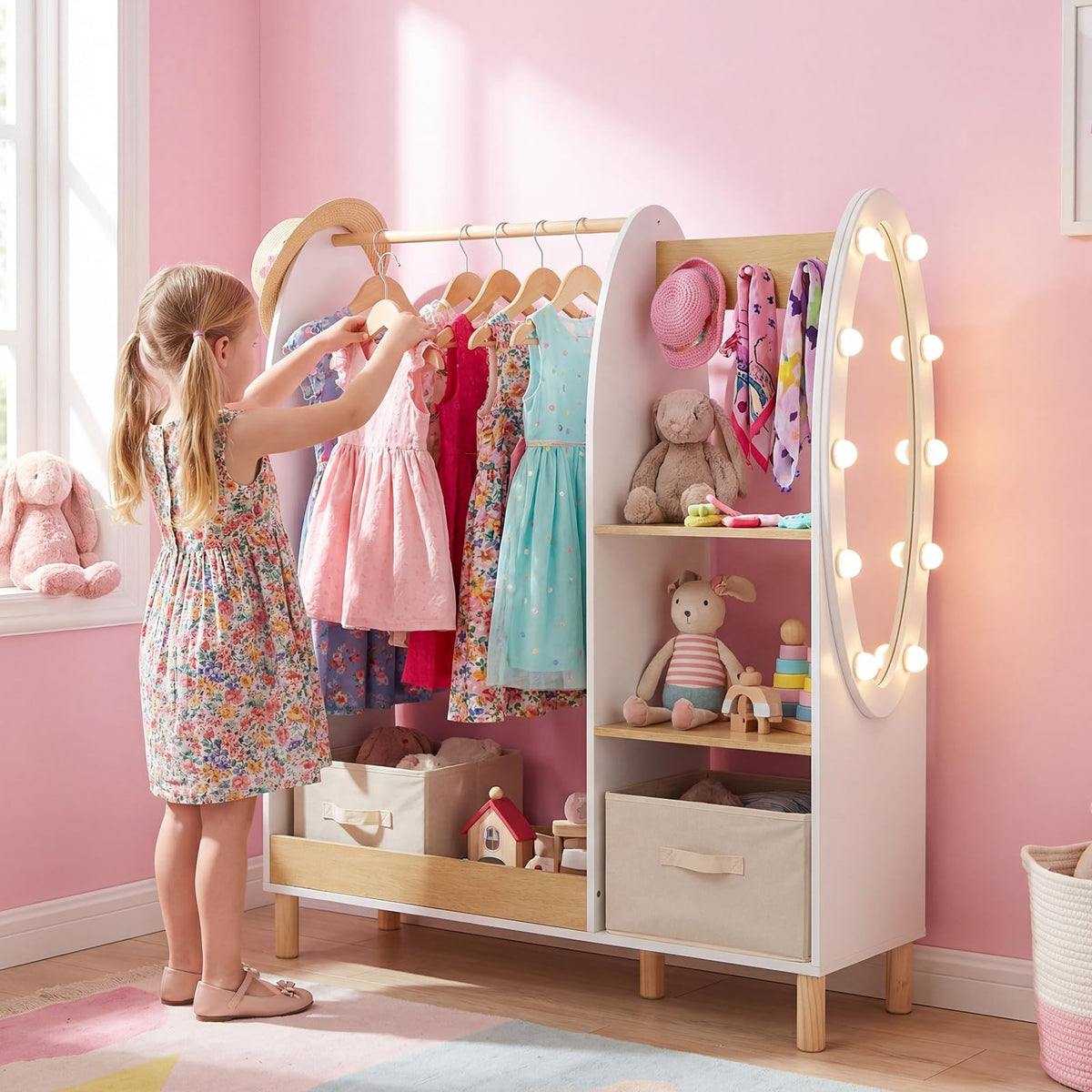 Kids Dress Up Storage with Mirror and Lights, Open Hanging Wardrobe Closet Armoire