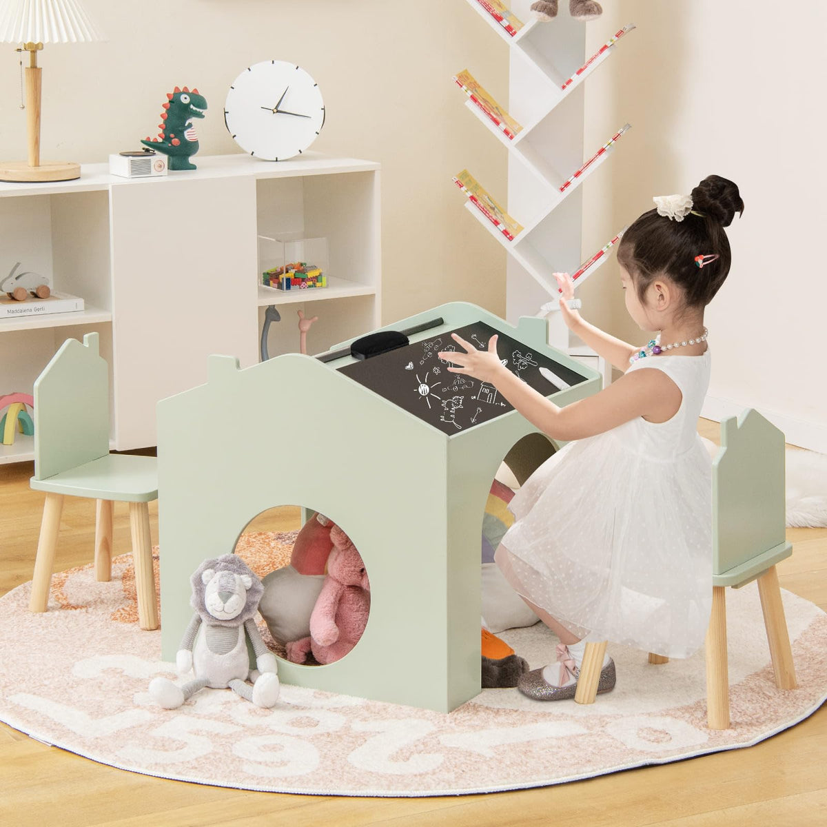 3 Pieces Kids Wooden Activity Play Desk and Chair Set with Chalkboards