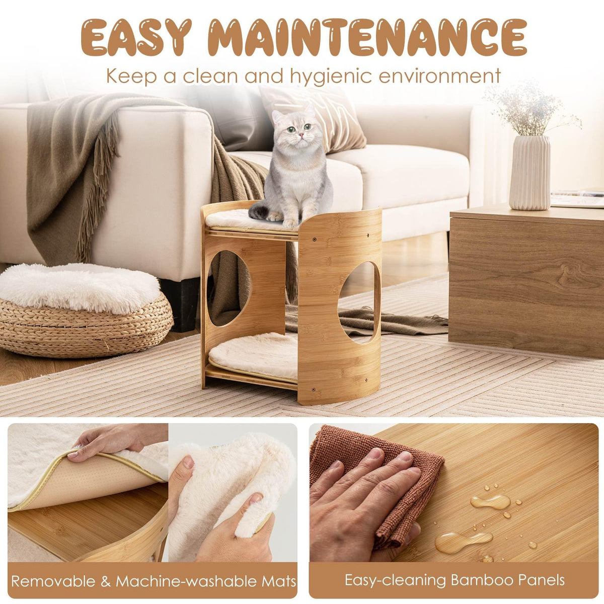 Cute Bamboo Cat Tree with Double Beds and Removable Cushions