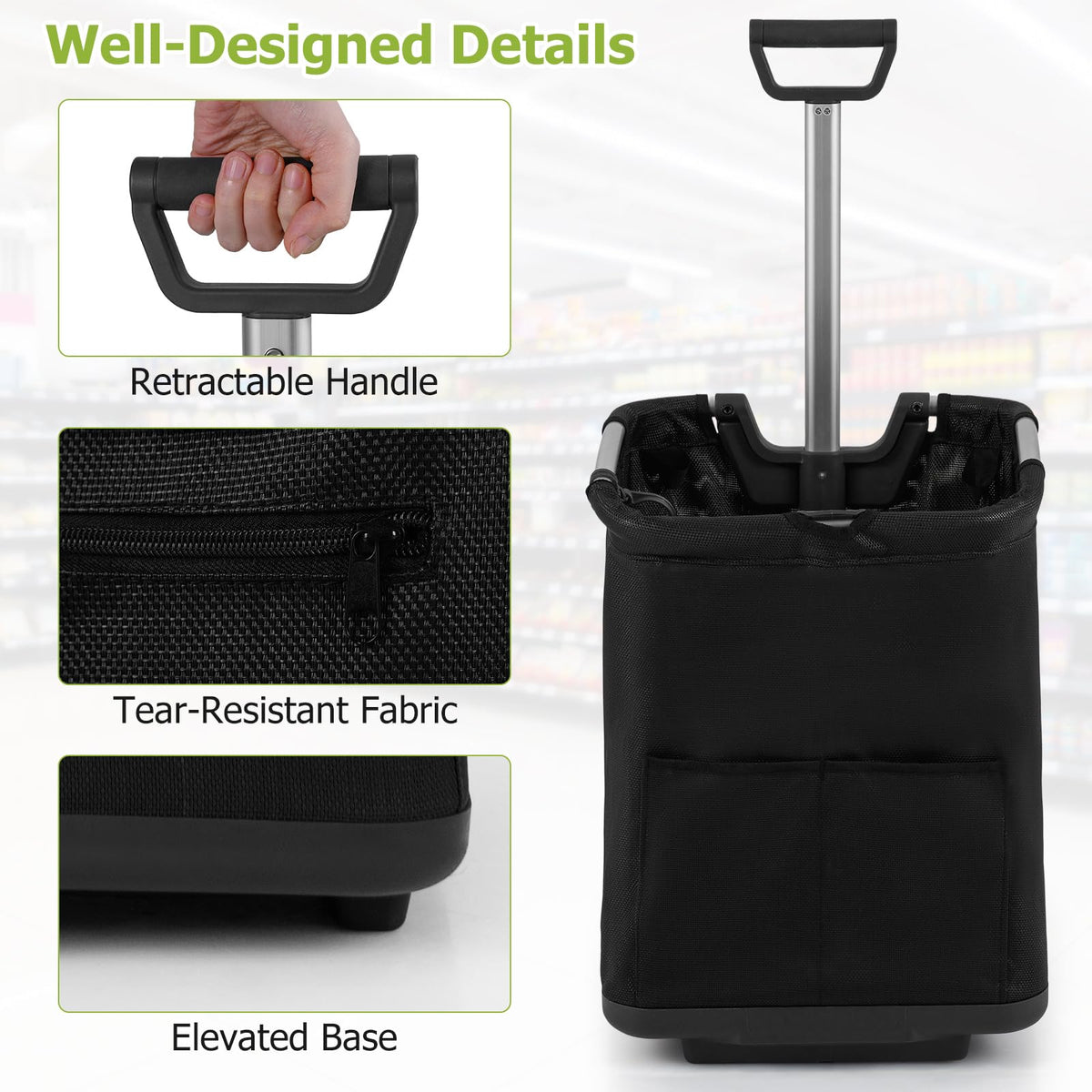 50L Folding Shopping Cart with 3 Pockets and Retractable Handlebar for Grocery