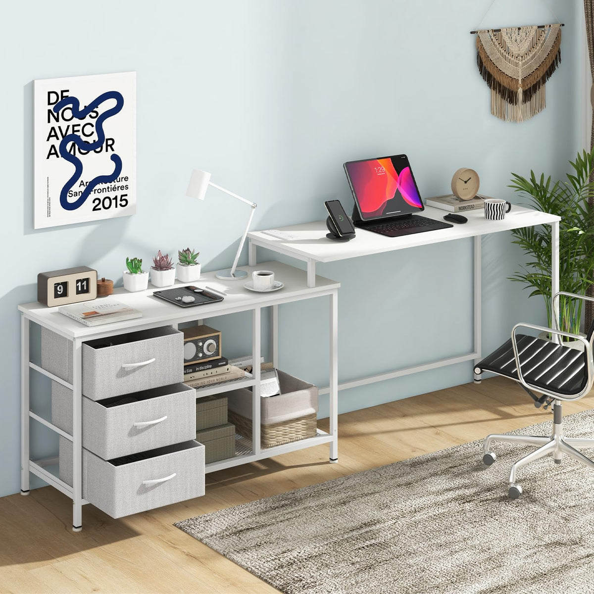 Giantex L-Shaped Computer Desk with Power Outlet, Convertible Corner Desk with 3 Fabric Drawers & Metal Mesh Shelves