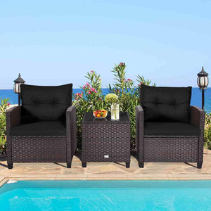 3 Pieces Patio Lounge Set, PE Rattan Wicker Outdoor Sofa Set w/Washable Cushion and Tempered Glass Tabletop