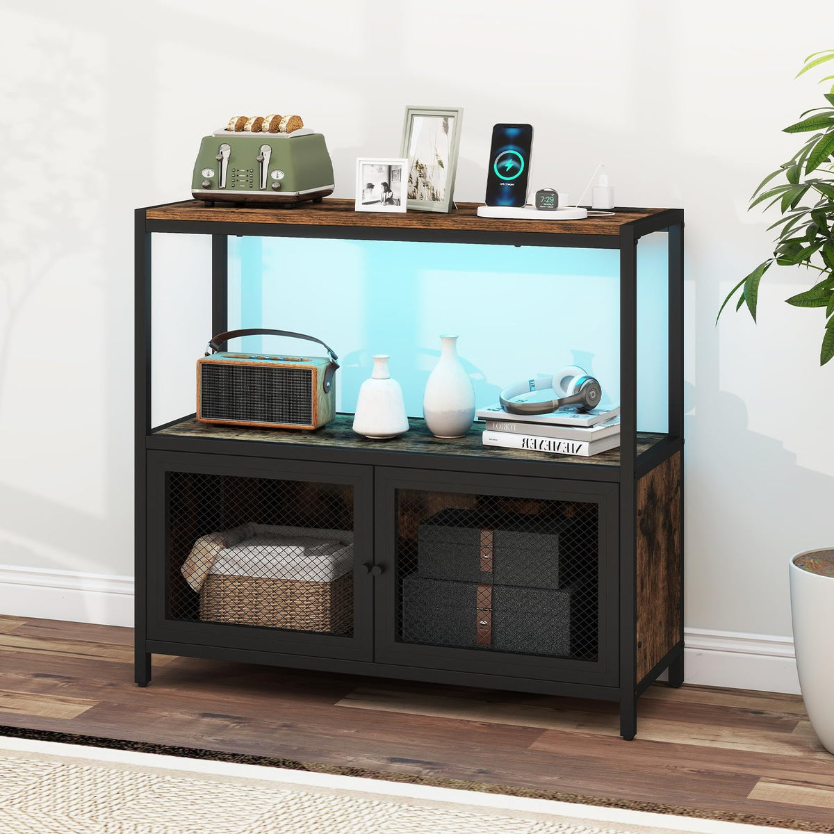 Coffee Bar Cabinet with LED Lights and Charging Station for Kitchen and Dining Room