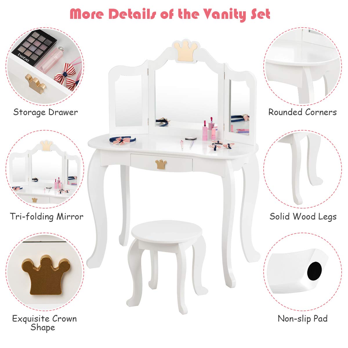 2-in-1 Kids Dressing Table & Stool Set, Toddler Wooden Vanity Table with Tri-Fold Mirror & Drawer