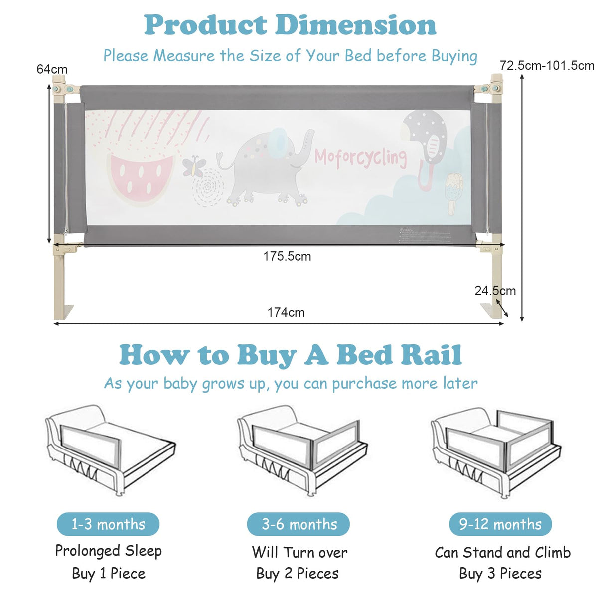 176CM Toddler Bedrail, 72.5-101.5 CM Extra Tall Bed Guardrail w/Anti-Collision Cotton & Side Pocket
