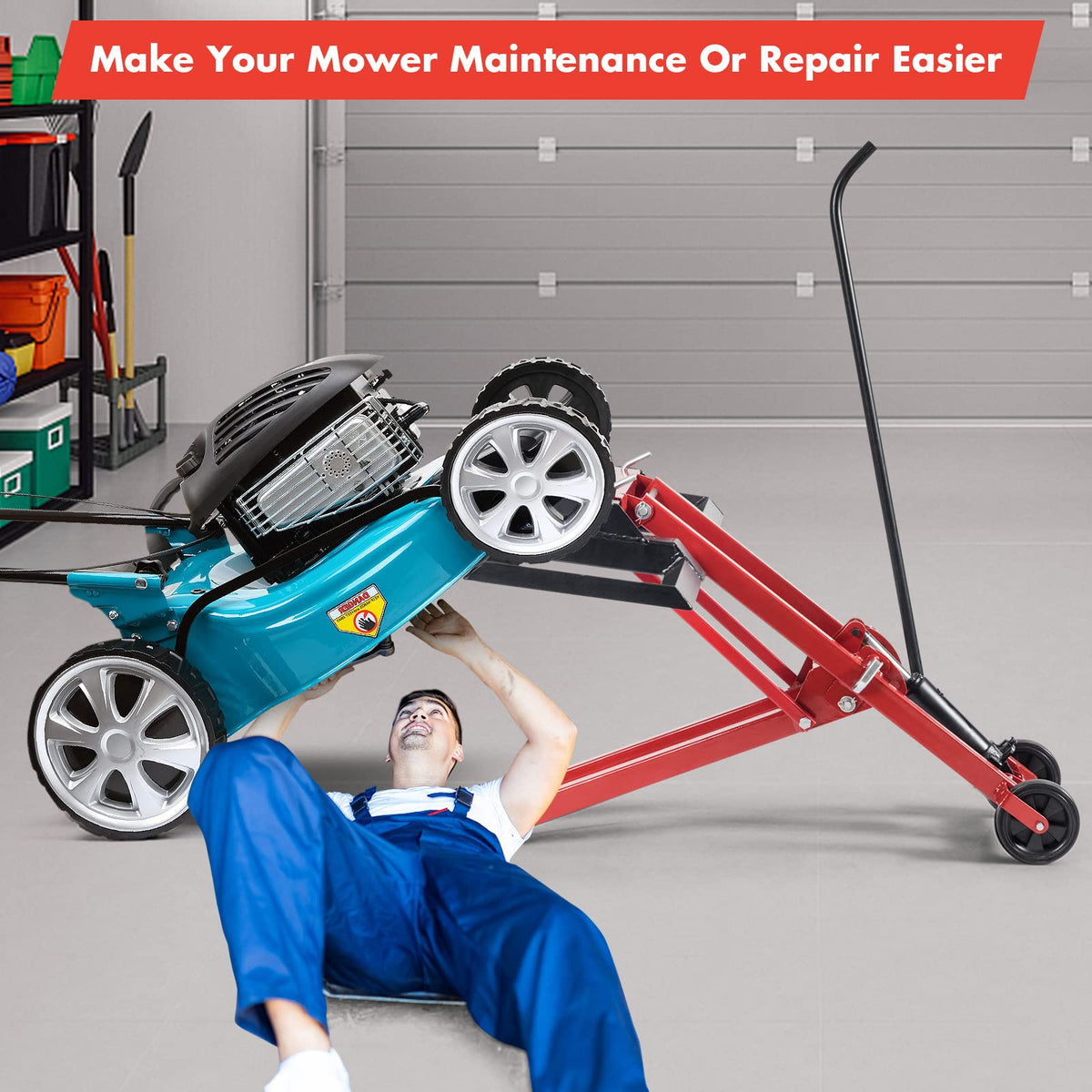 Ride On Lawn Mower Lift Jack, 3-Level Height Adjustable Mower Jack w/2 Wheels