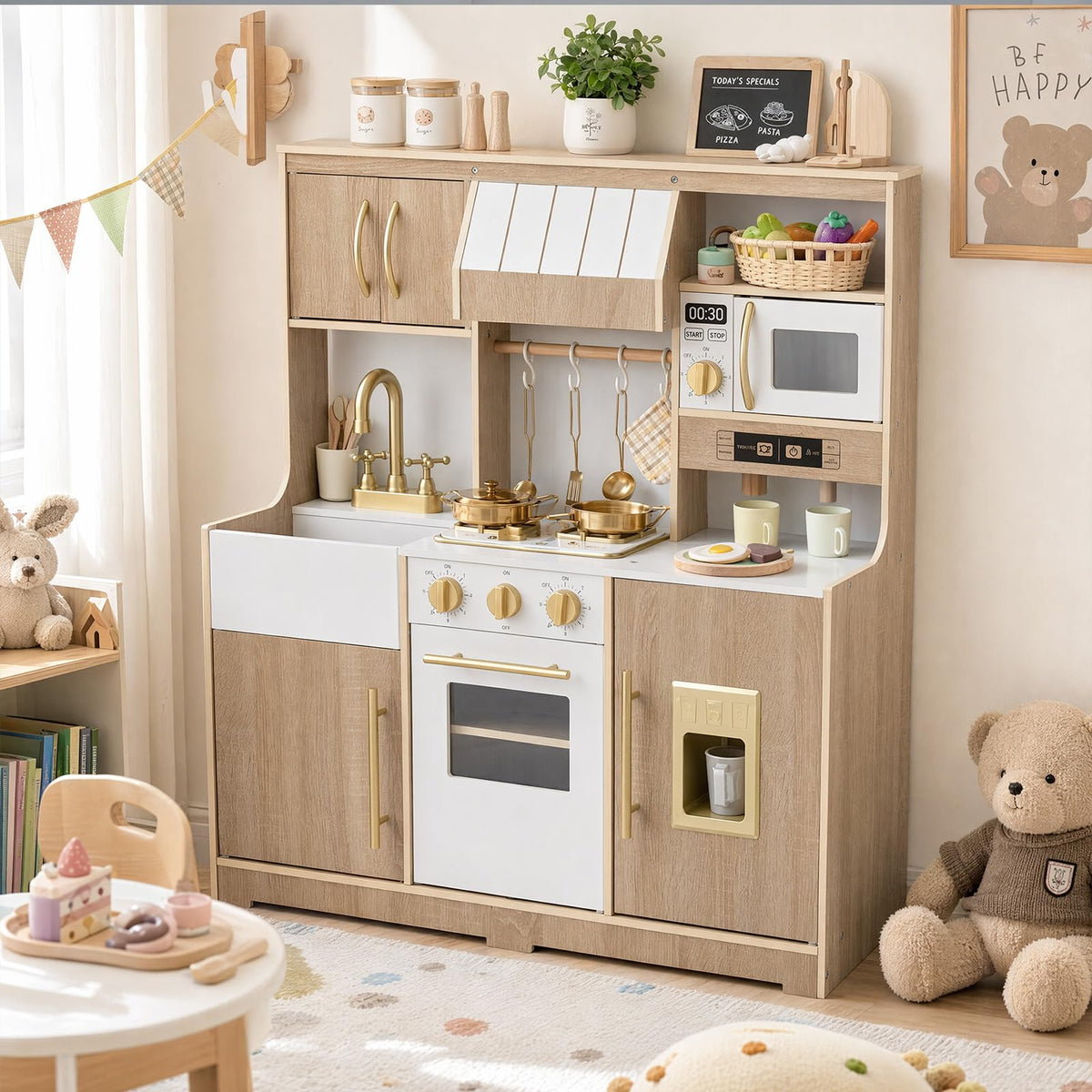 Wooden Play Kitchen with Lights & Sounds and Ice Maker Stove Sink for Toddlers Ages 3+