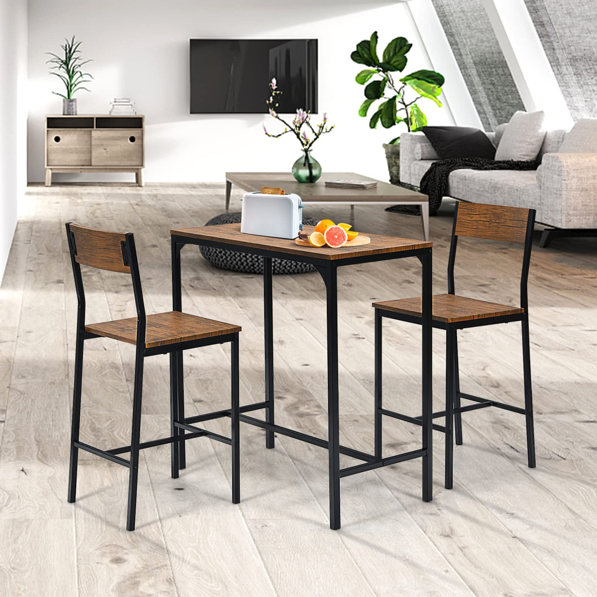 Giantex 3 Pieces Bar Table Set, Counter Height Bistro Table with 2 Stools, Rustic Brown & Black