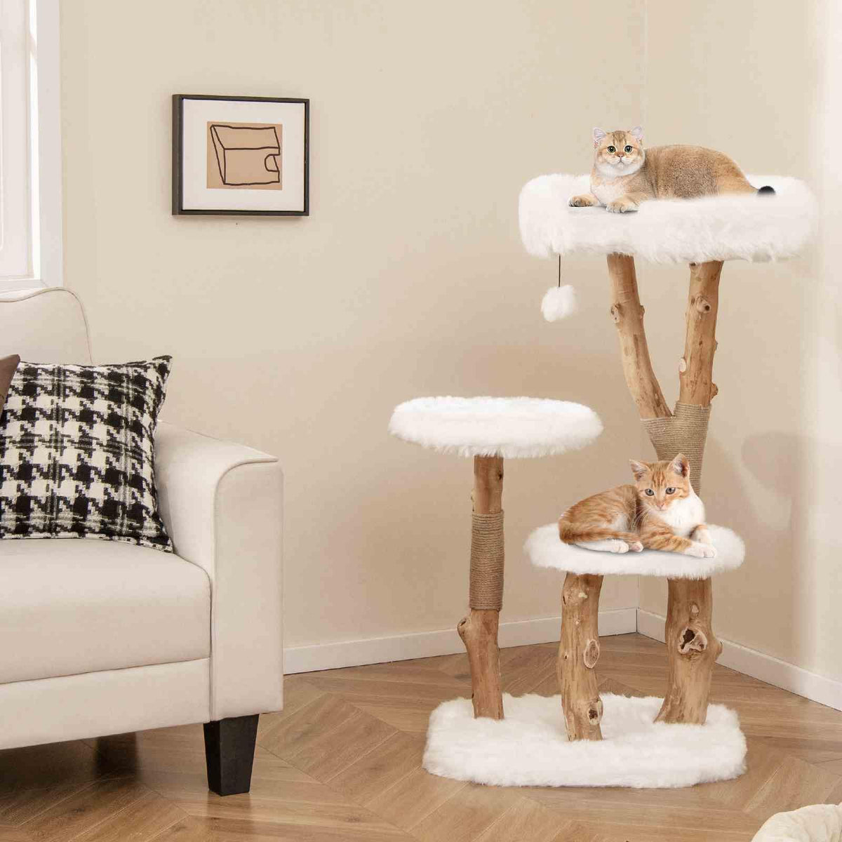 Solid Wood Cat Tree, Modern Wooden Cat Tower w/Perch