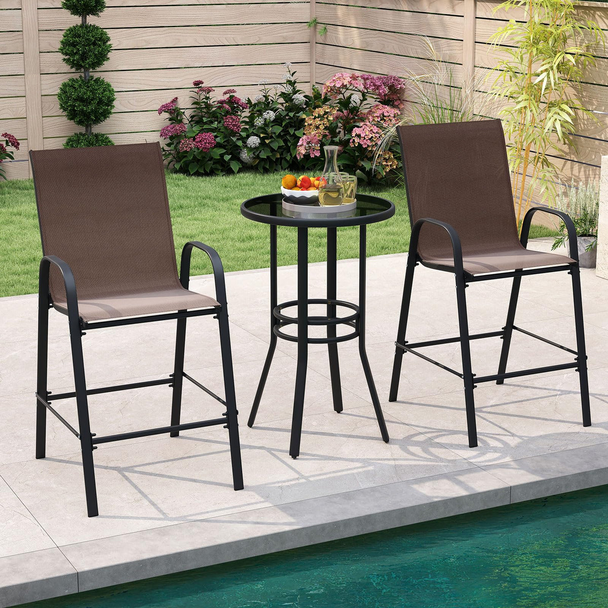 Outdoor Bar Stools Set of 2, 74 cm Fabric Bar Height Stools with Armrests