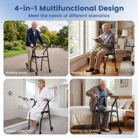 Folding Walker Lightweight Aluminum with 2 Wheels and Padded Seat for Seniors