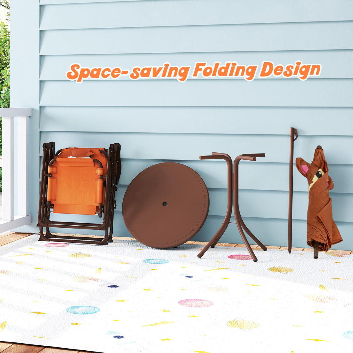 4Pcs Kids Picnic Set, Toddler Outdoor Activity Table w/2 Folding Chairs & a Height Adjustable Umbrella