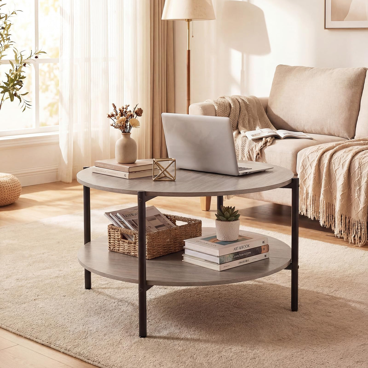 Giantex Round 2-Tier Industrial Coffee Table with Open Storage Shelf