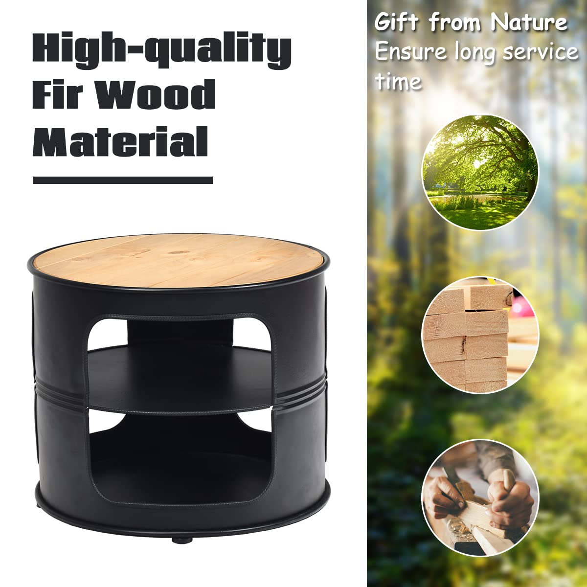 End Side Table, 3-Tier Round Coffee Table with 2 Storage Shelves, Nightstand Unit Desk Bedside Table