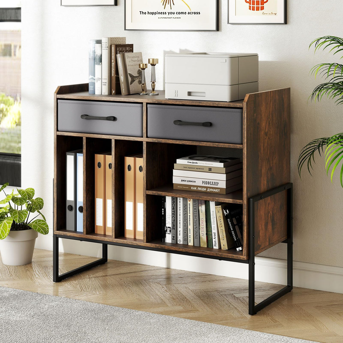 Large Record Player Stand with 2 Fabric Drawers and Adjustable Shelf for Living Room and Office