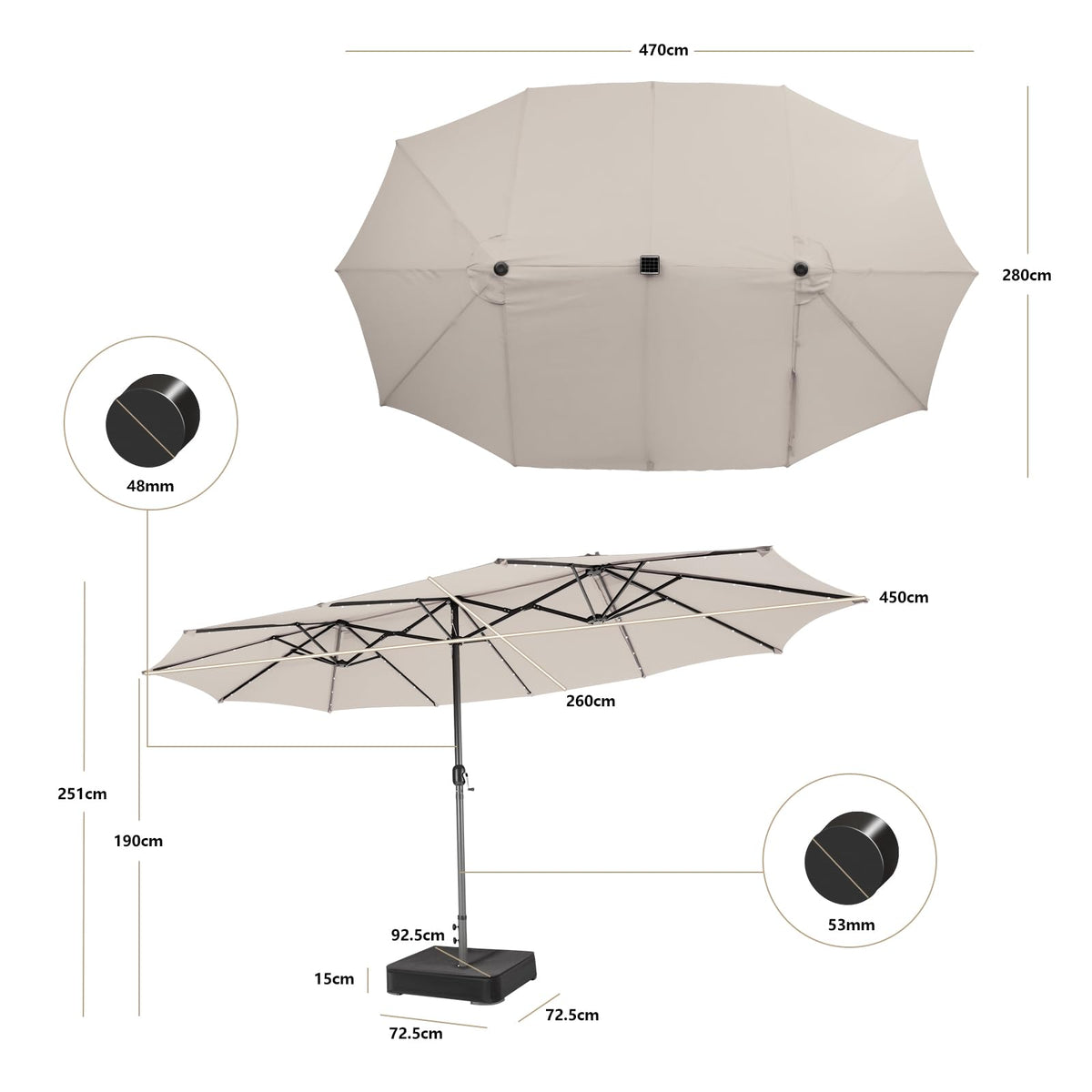 4.7M Double-Sided Patio Umbrella with Solar Lights, Oversized Outdoor Umbrella w/ 48 LED Lights