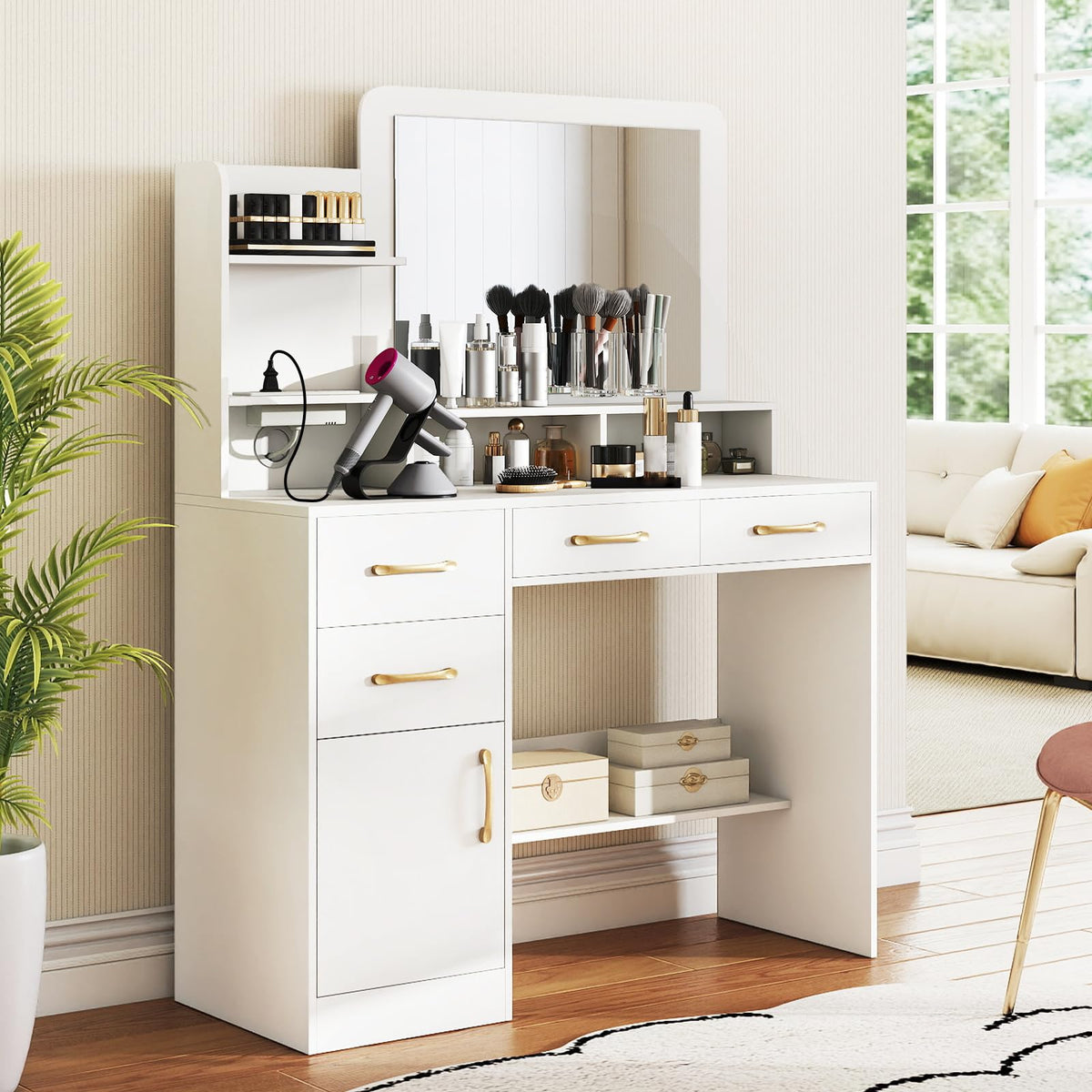 Vanity Desk with Mirror Charging Station USB and Type-C Ports