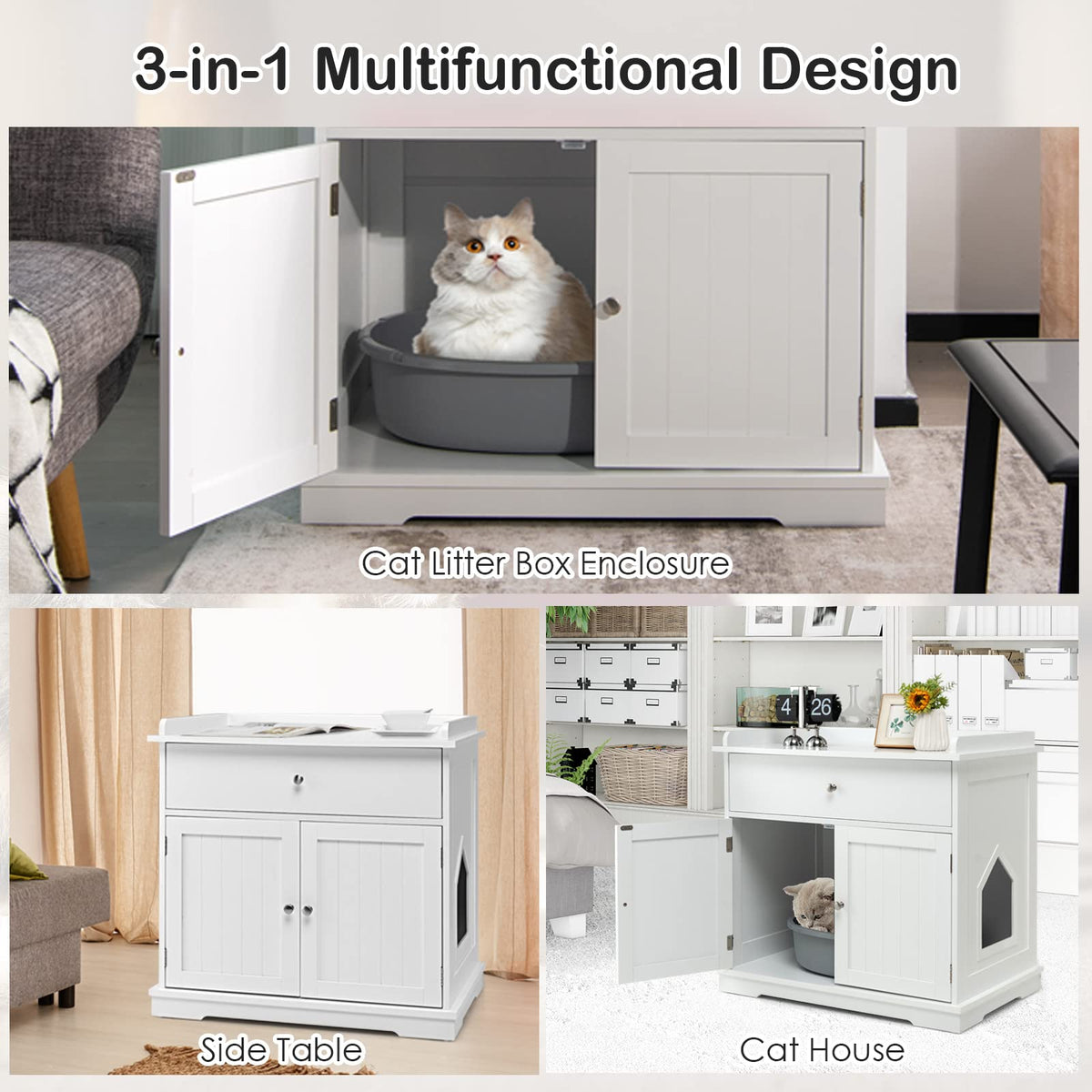 Cat Litter Box Enclosure, Hidden Cat Washroom Furniture W/Drawer & 2 Doors