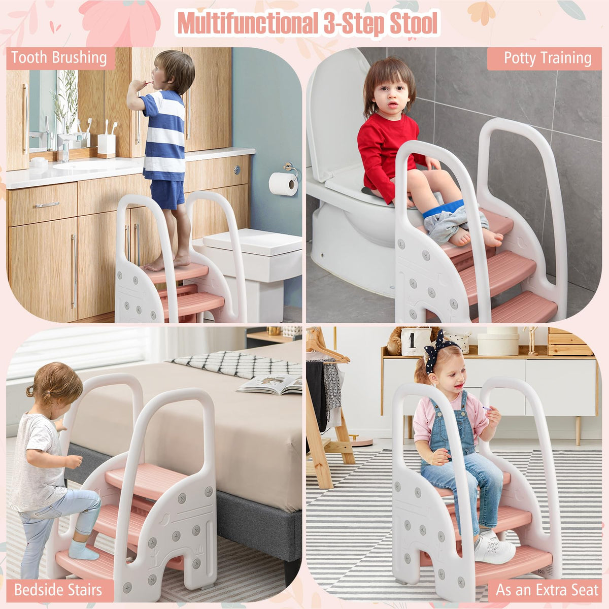 Three-Step Stool with Safety Handles and Non-slip Pedals for Toddlers
