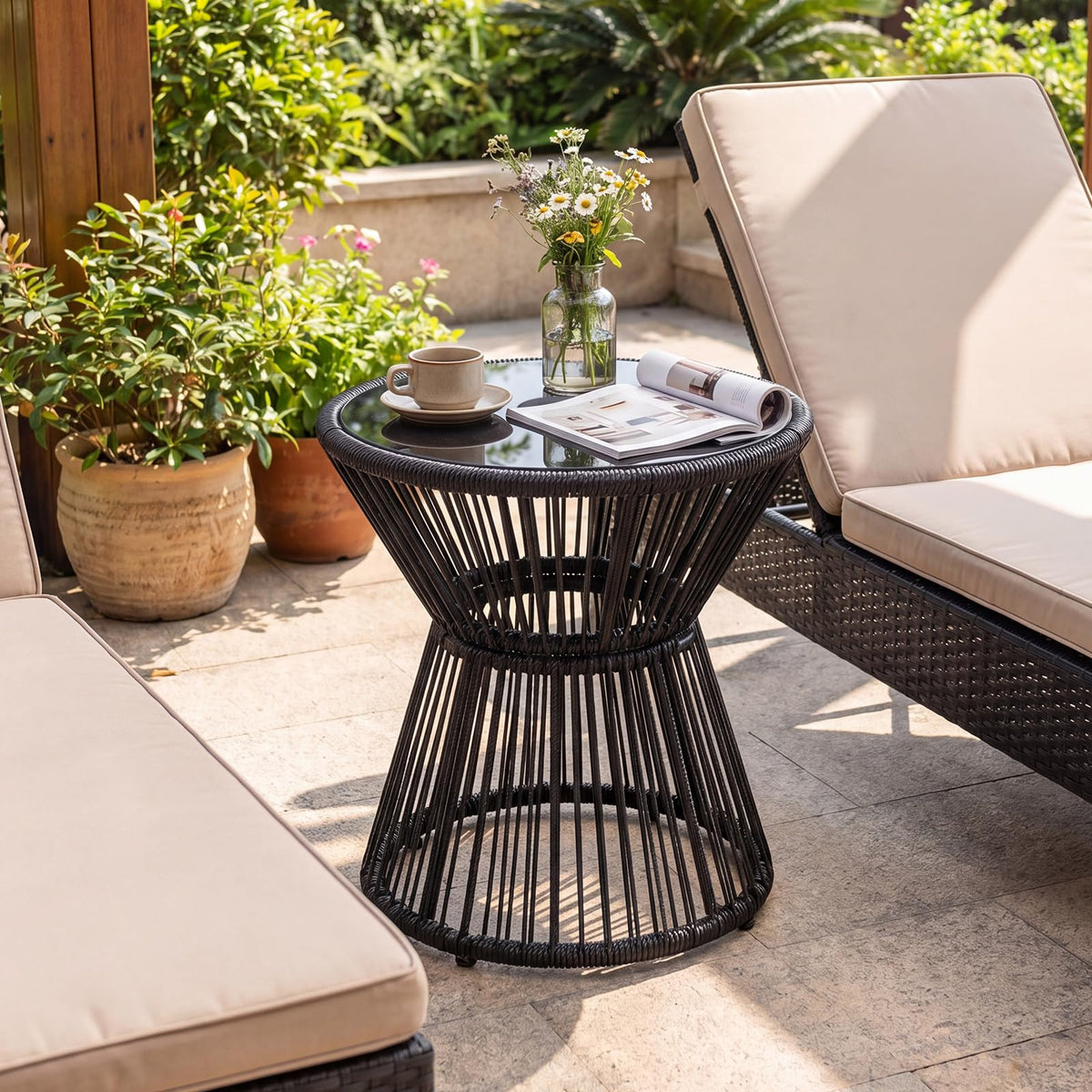 Outdoor Side Table with LED Warm Light, PE Rattan Hourglass-Shaped End Table with Tempered Glass Top
